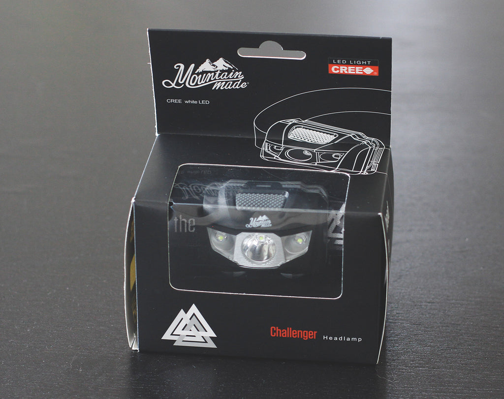 Mountain Made Challenger #1 Best Ultra Bright LED Headlamp. Only 2.4oz with 145 Lumen Output. INCLUDED bonus drawstring pouch.