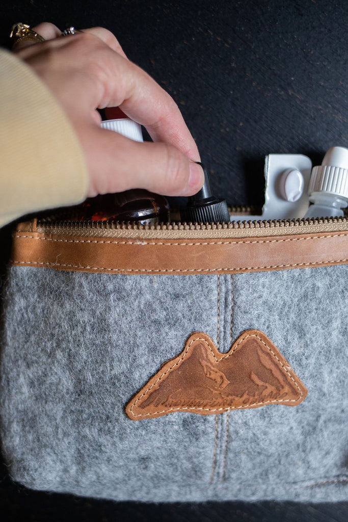Holiday Sale! Mountain Made Organic Wool and Pure Genuine Leather Luxury Travelers Cosmetic, Toiletries, or Utility Bag For Students, Women and Men